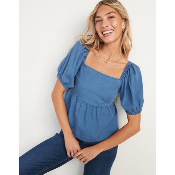 Old Navy Womens Puff Sleeve Square Neck Smocked Top L Tencel Lyocell Blue - Picture 1 of 7